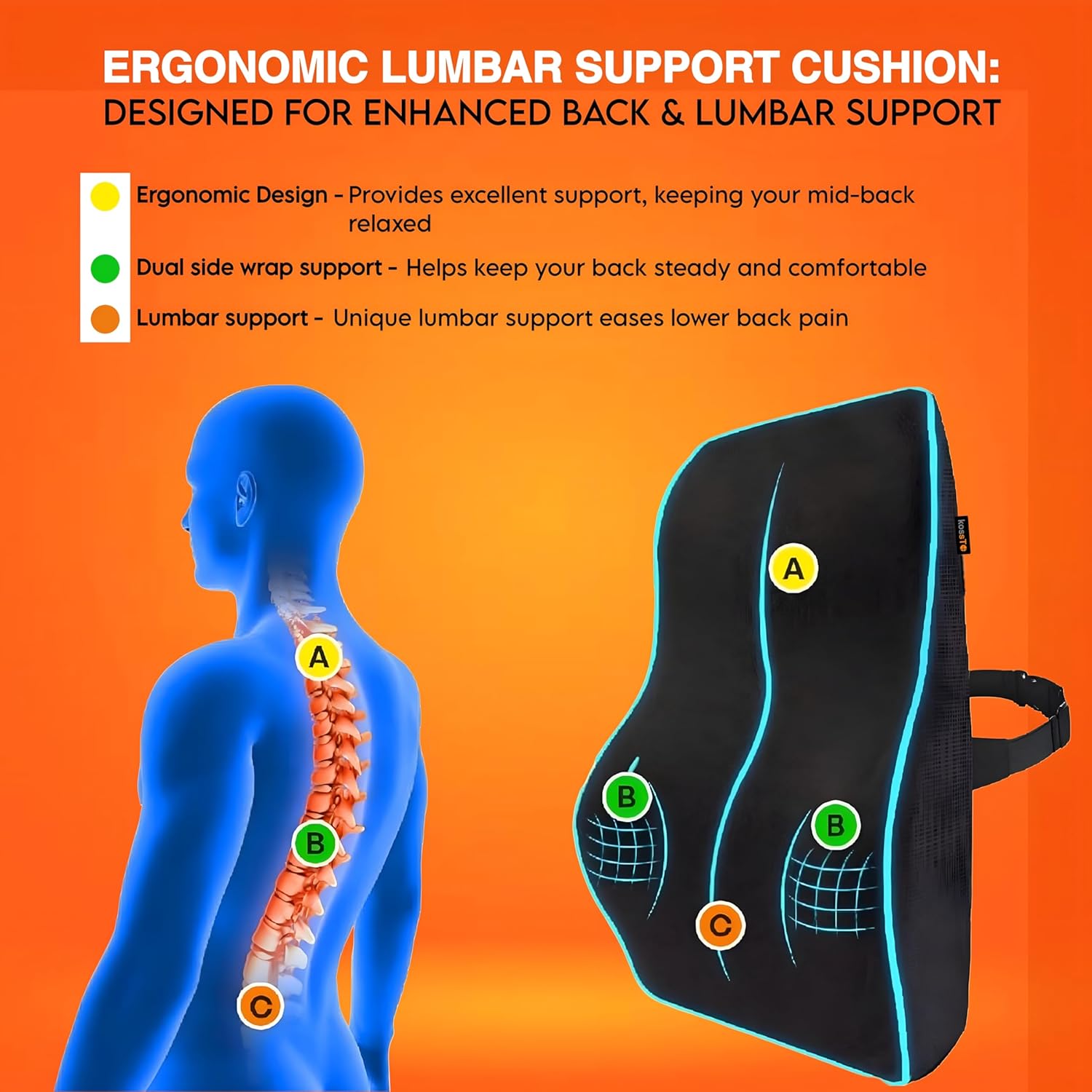 kossto Back Support for Office Chair – Orthopedic Lumbar Back Rest for Back Pain Relief